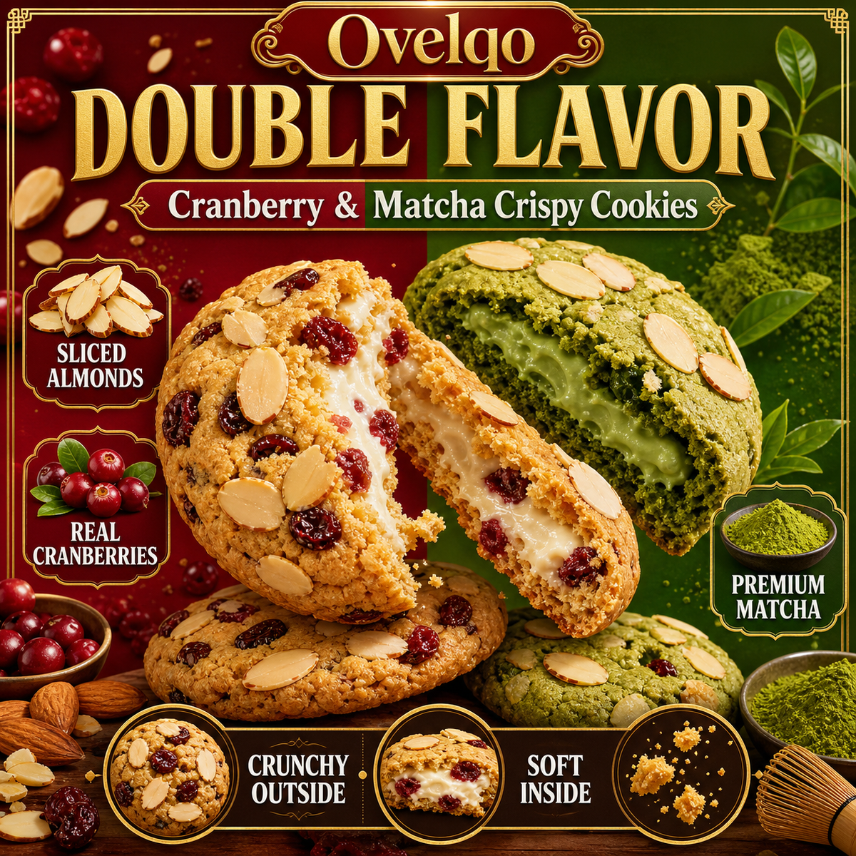 🍒 Cranberry & Matcha Almond Crispy Sandwich Cookies – Crunchy Outside, Creamy Inside-TTBD