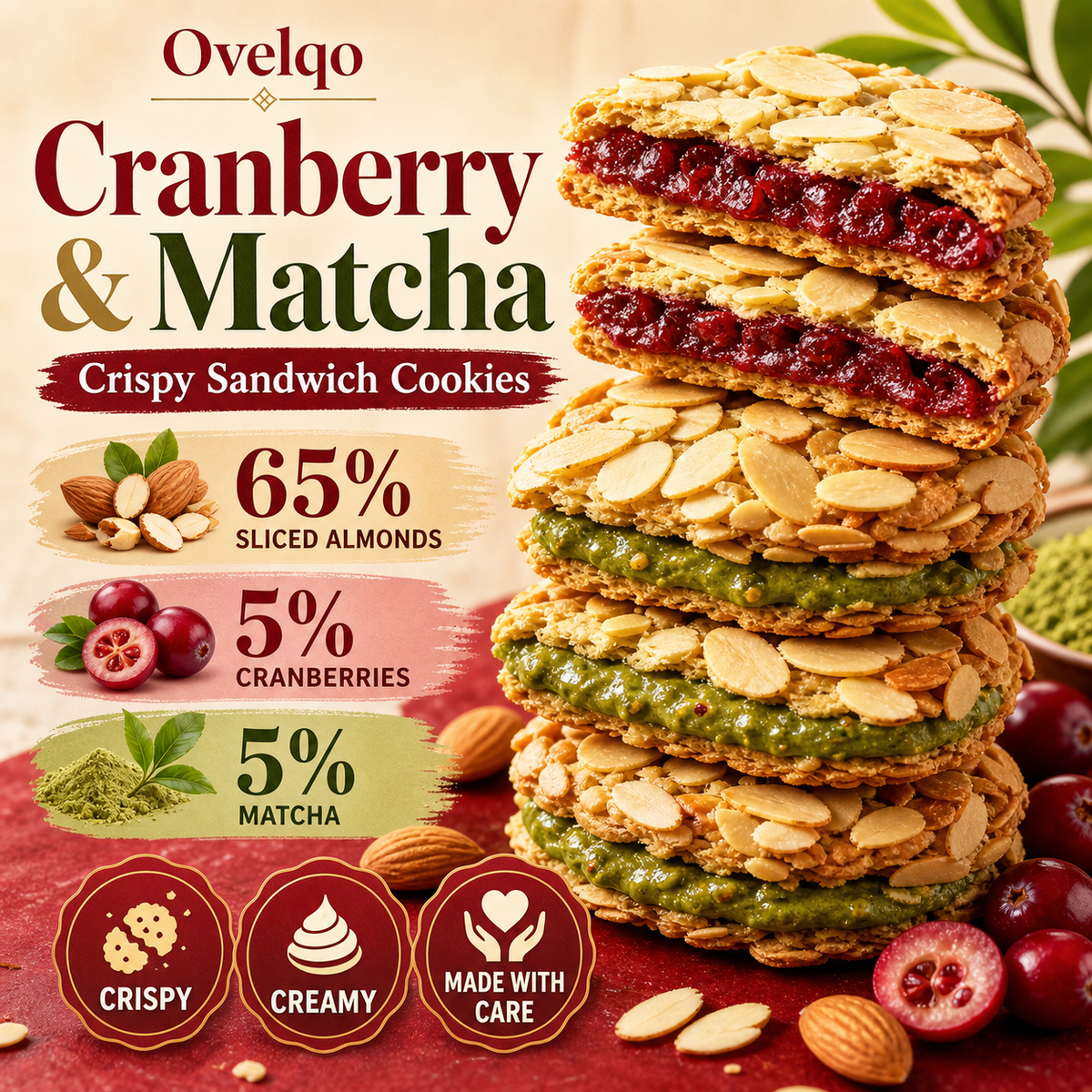 🍒 Cranberry & Matcha Almond Crispy Sandwich Cookies – Crunchy Outside, Creamy Inside-TTBD