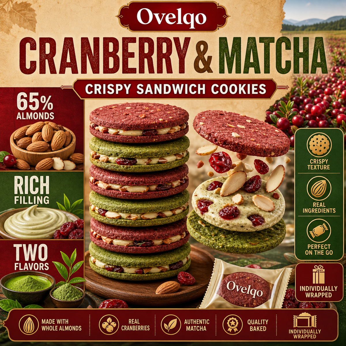 🍒 Cranberry & Matcha Almond Crispy Sandwich Cookies – Crunchy Outside, Creamy Inside-TTBD