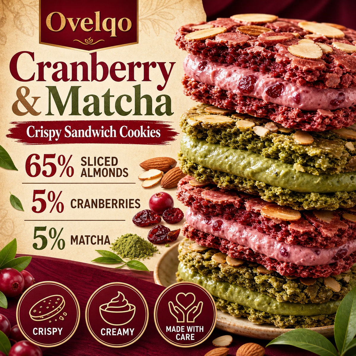 🍒 Cranberry & Matcha Almond Crispy Sandwich Cookies – Crunchy Outside, Creamy Inside-TTBD